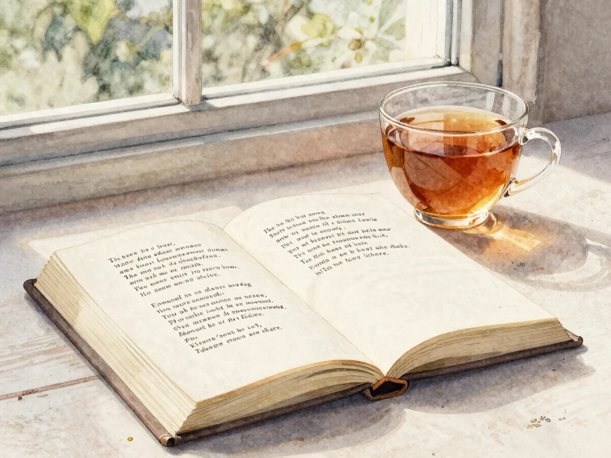 Quiet still-life of an open book, a poetry collection, and a cup of tea beside a window, soft natural light, intimate cl