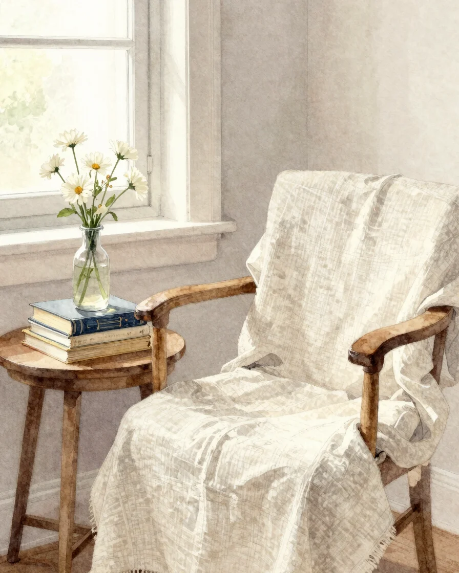 Intimate still-life close-up of a linen-draped chair beside a sunlit window, a small vase of white flowers and a stack o