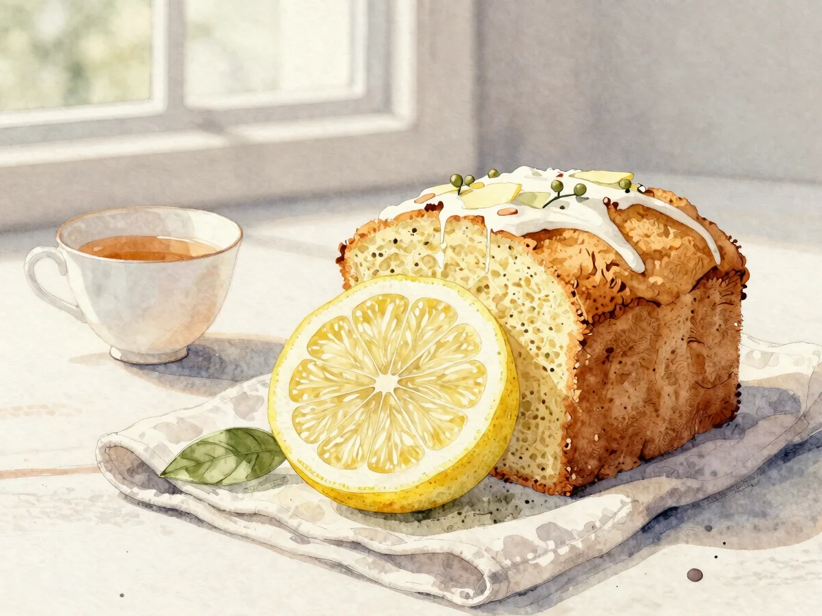 Close-up watercolor illustration of a sliced lemon tea cake on a linen napkin beside a small teacup, soft natural window