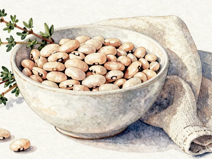 Quiet watercolor still life of a white ceramic bowl with white beans, a sprig of thyme, and a folded linen towel, soft d
