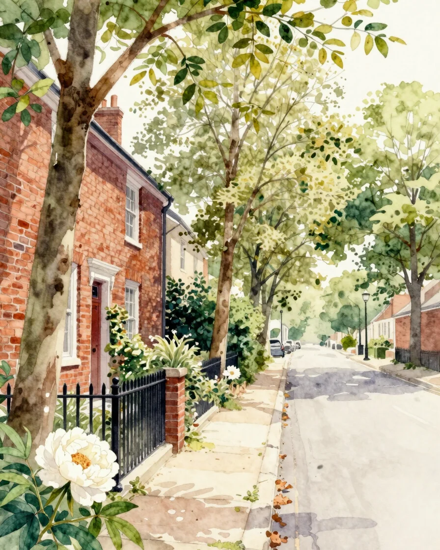 Hand-painted watercolor illustration of a quiet Charlotte tree-lined avenue with an old brick house and a white peony at