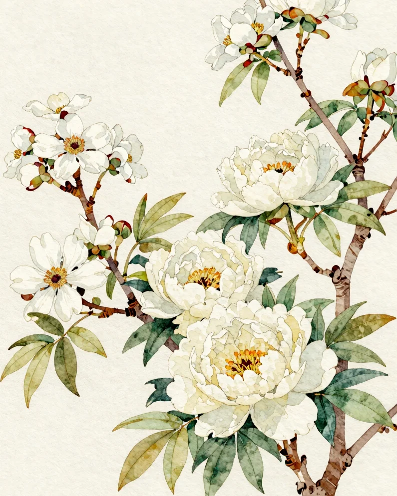 Hand-painted watercolor illustration of spring dogwood and white peony blooms on a soft eggshell ground, delicate transp