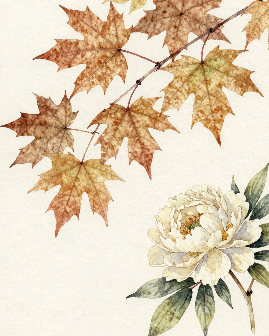 Hand-painted watercolor illustration of crisp autumn leaves and a pale white peony on a soft eggshell ground, delicate w