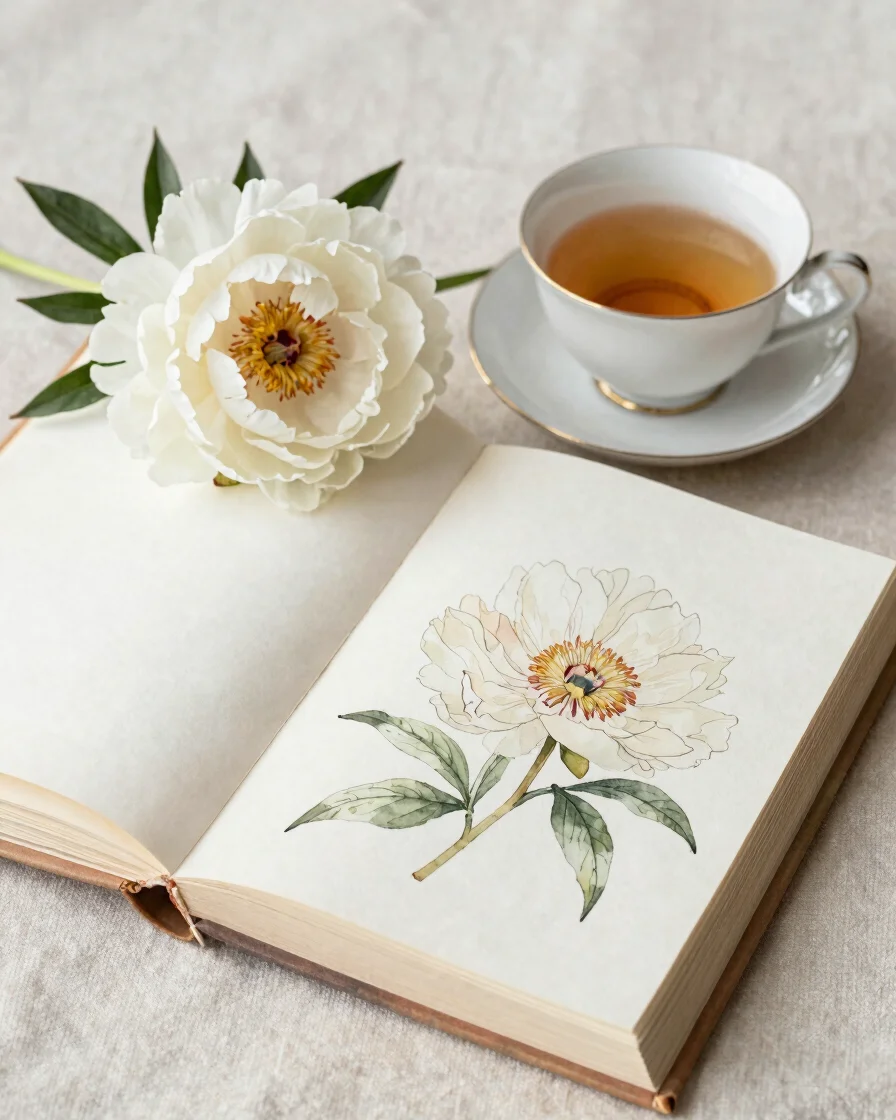 Soft natural-light still life of an open book beside a teacup and a sprig of white peony on linen, watercolor-like softn