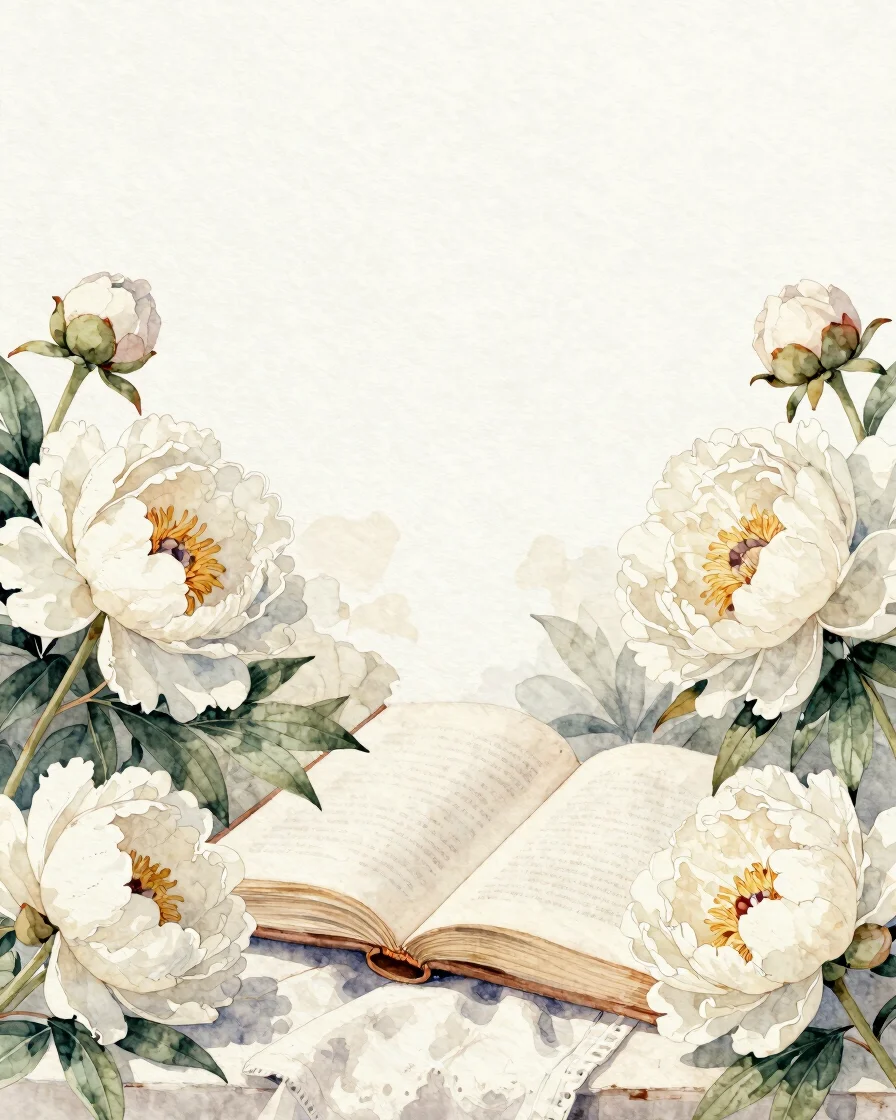 Hand-painted watercolor illustration of white peonies framing the